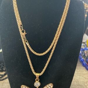 Gold Butterfly Pendant Necklace with Crystal Accents